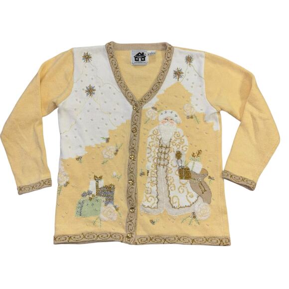 Father Christmas Holiday Butter Yellow Sweater Womens S Embroidered Art To Wear - Picture 2 of 10